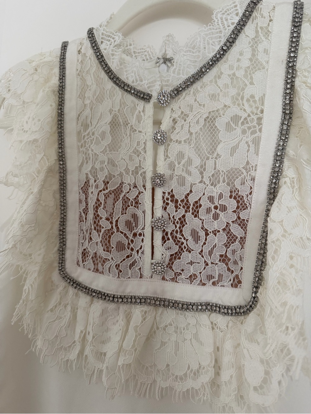 Self-Portrait White Lace-Front Mini Dress with Silver Trim - Picture 2 of 4